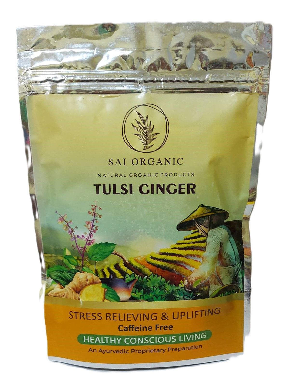 Чай Тулси Имбирь, 100гр,  Sai Organic Tulsi Ginger, India.