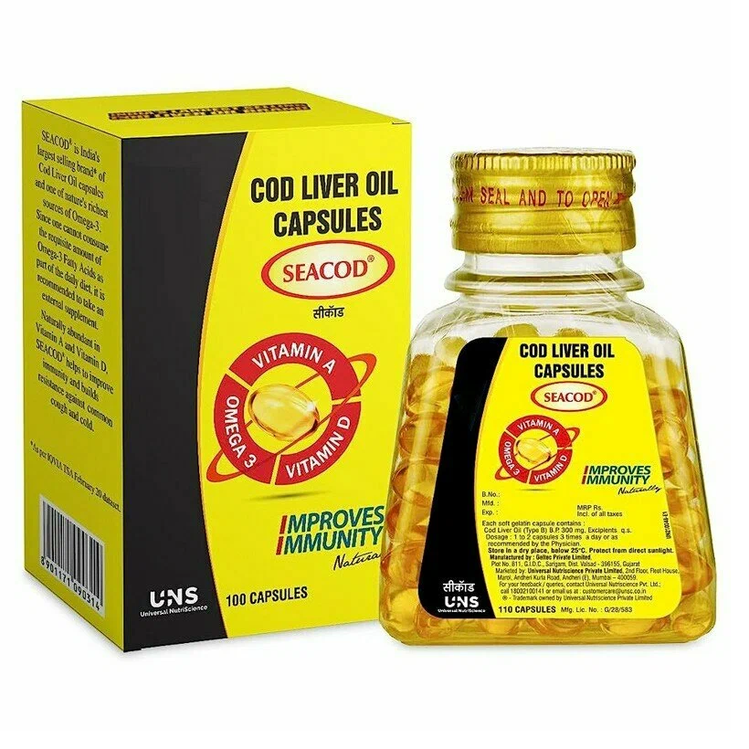 Рыбий жир с витаминами А и Д в капсулах, Сиакод .Cod Liver Oil Сapsules, Seacod, 110 капсул. Индия.
